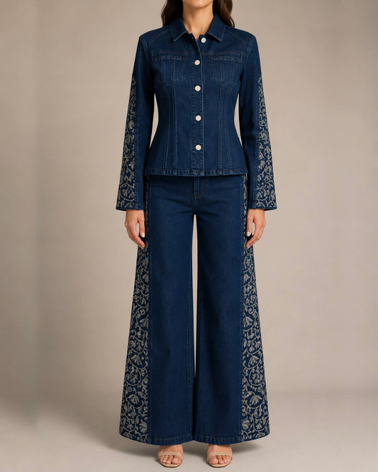 A model wearing a dark blue denim two-piece set featuring a cropped button-up jacket with embroidered sleeves and matching wide-leg pants, set against a plain beige studio background.