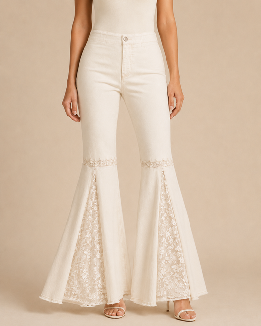 Everrafter jeans on a model full flare