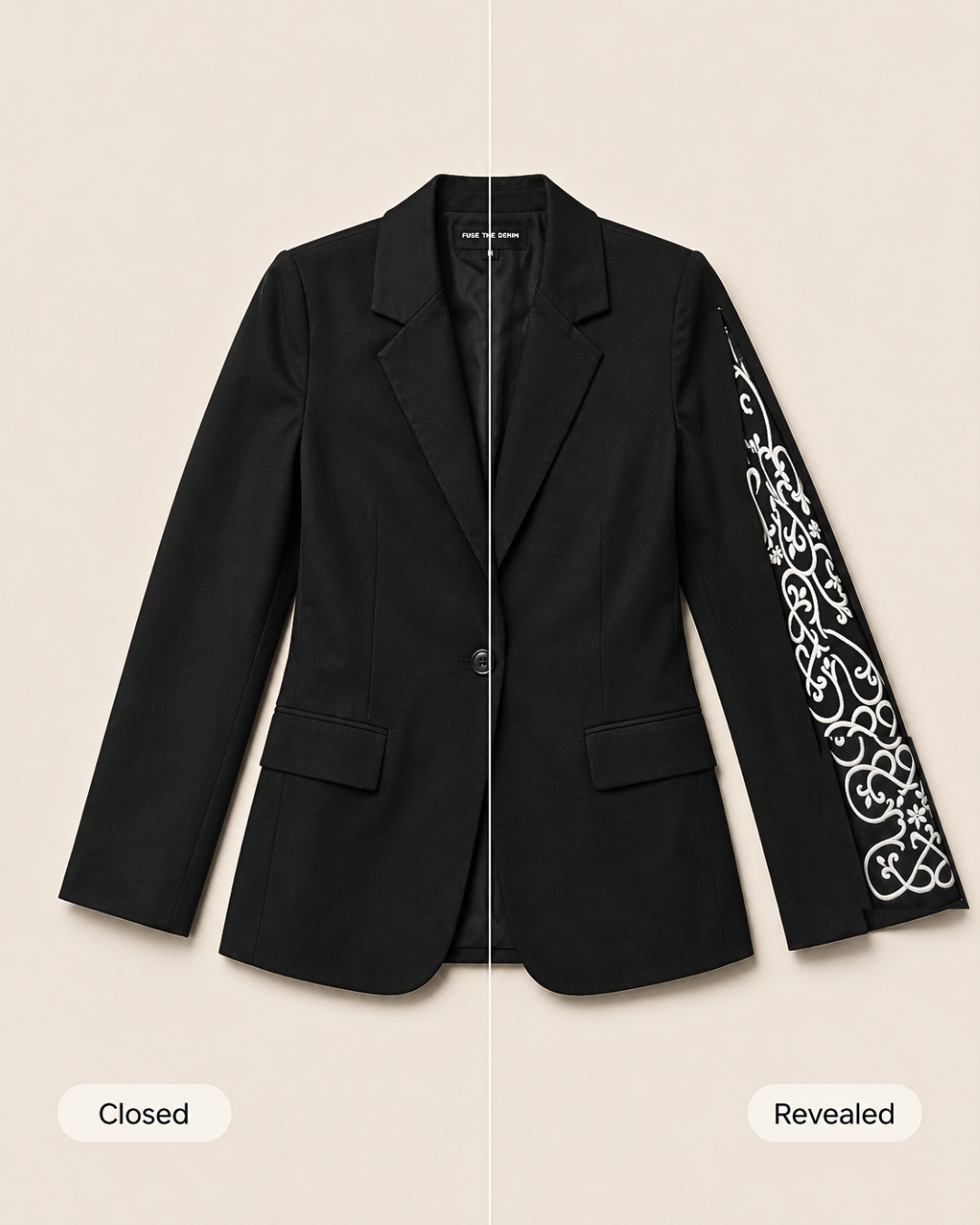 A black blazer shown flat against a light beige background, split vertically with a line. The left side is labeled 'Closed' and shows the blazer with no sleeves extended.