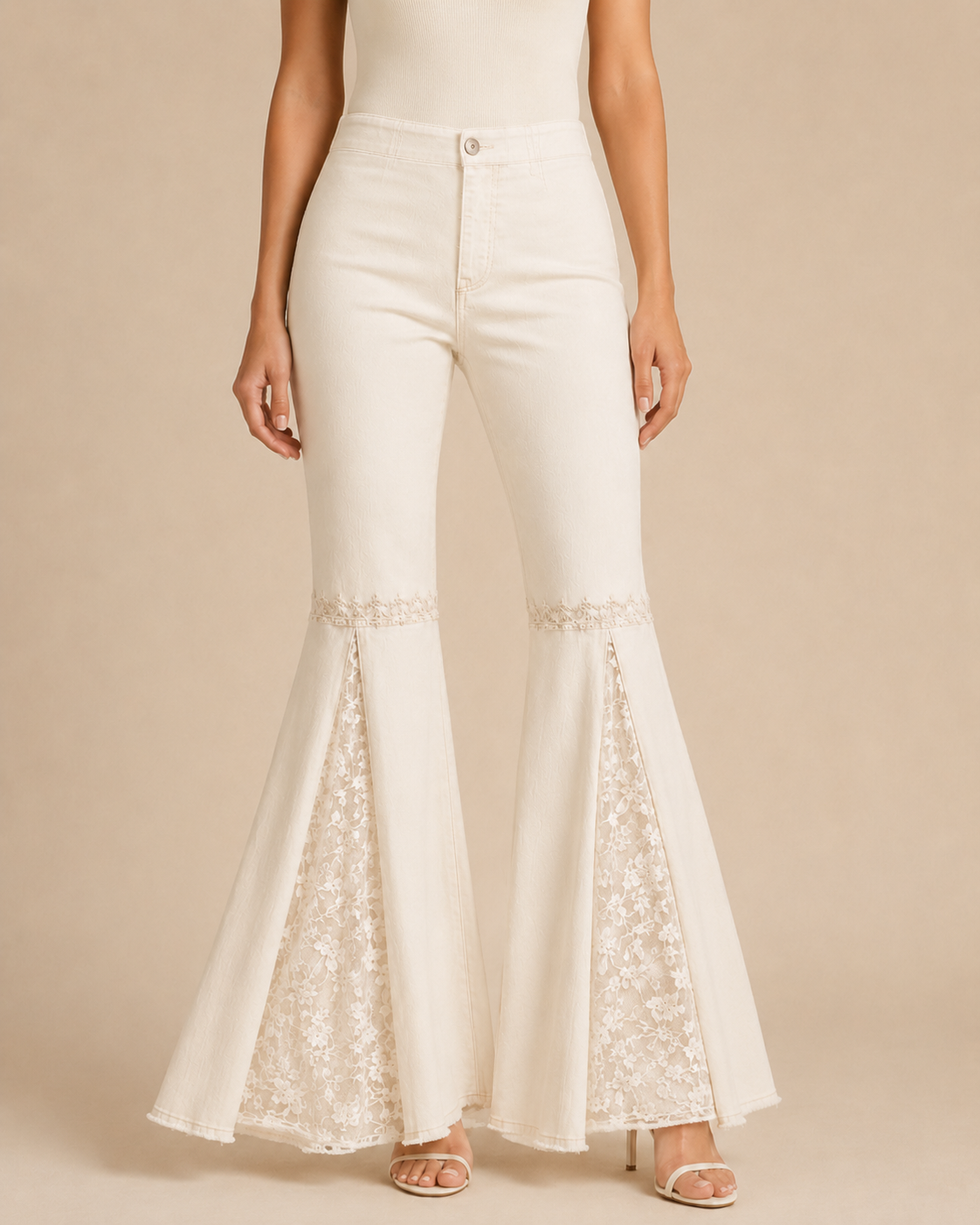 Everrafter jeans on a model full flare
