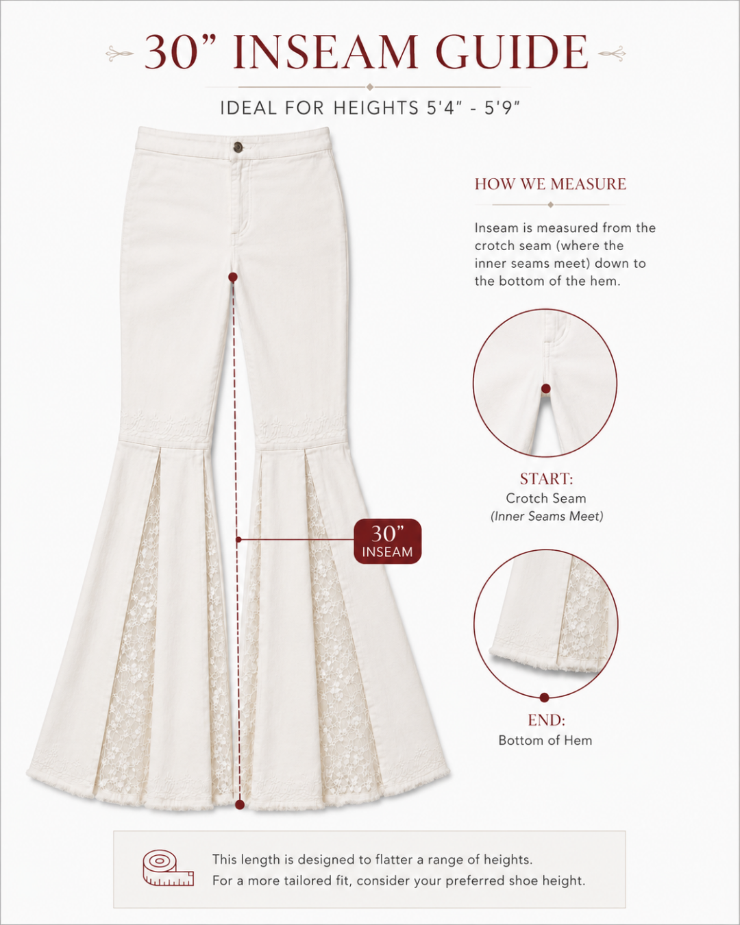 A white flared skirt with lace inserts on the lower half, shown with a measurement guide labeled '30" INSEAM GUIDE' and inset diagrams explaining how to measure the inseam.