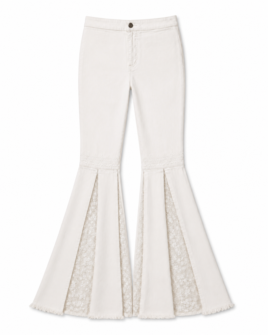 Off-white flare pants featuring a textured fabric upper leg and a sheer floral lace insert panel at the flared hem.