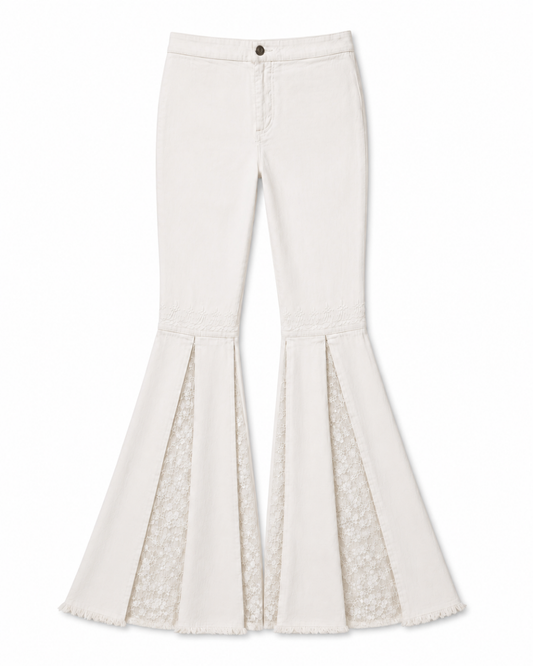 Off-white flare pants featuring a textured fabric upper leg and a sheer floral lace insert panel at the flared hem.