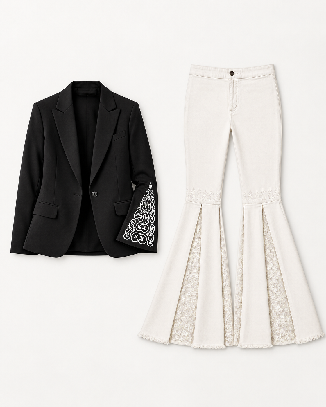 A two-piece children's outfit set featuring a black blazer with white embroidered detailing on the sleeve cuff, paired with off-white flare jeans with matching lace inserts at the hem, displayed on a clean white background.