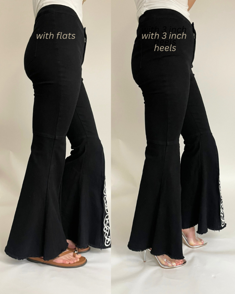 model wearing the shiftflare black jeans with flats and with heels